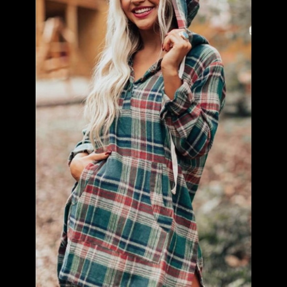 Hooded Flannel Plaid Loose V-Neck Few Buttons 🦘Pocket Drawstring Pullover Shirt - Picture 2 of 14